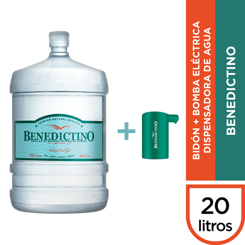 Starter Kit Benedictino Sin Gas 20 lt. + Bomba electrica dispensadora de Agua Benedictino Color Verde