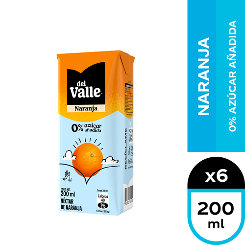 Del Valle Naranja Sin Azúcar Añadida 6 x 200 ml.