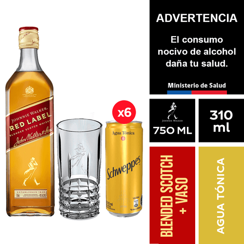 Johnnie Walker Red Label 750 ml. + Schweppes Agua Tónica 6 x 310 ml. + Vaso