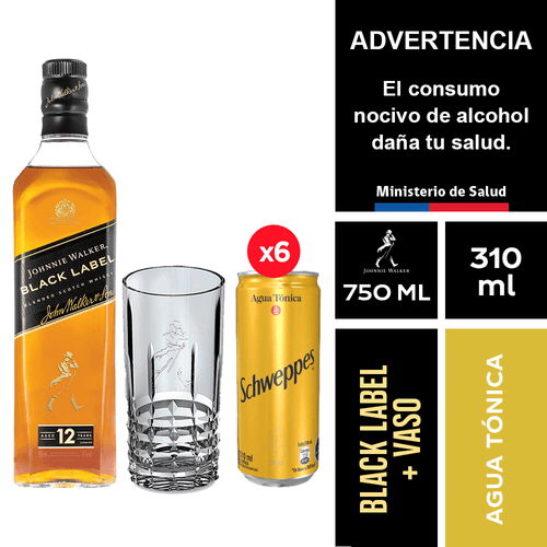 Johnnie Walker Black Label 750 ml. + Schweppes Agua Tónica 6 x 310 ml. + Vaso Johnnie Walker 390 ml.