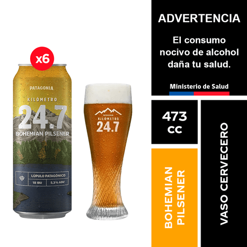 Pack Cerveza KM 24.7 Bohemian Pilsener 6 x 473 cc. + Vaso