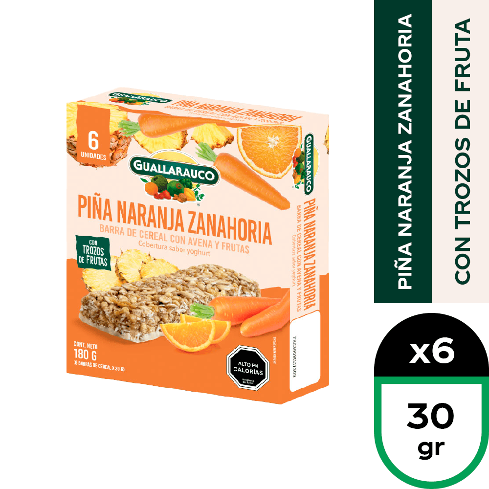 Barra Cereal Guallarauco Piña Naranja Zanahoria 6 x 30 g.