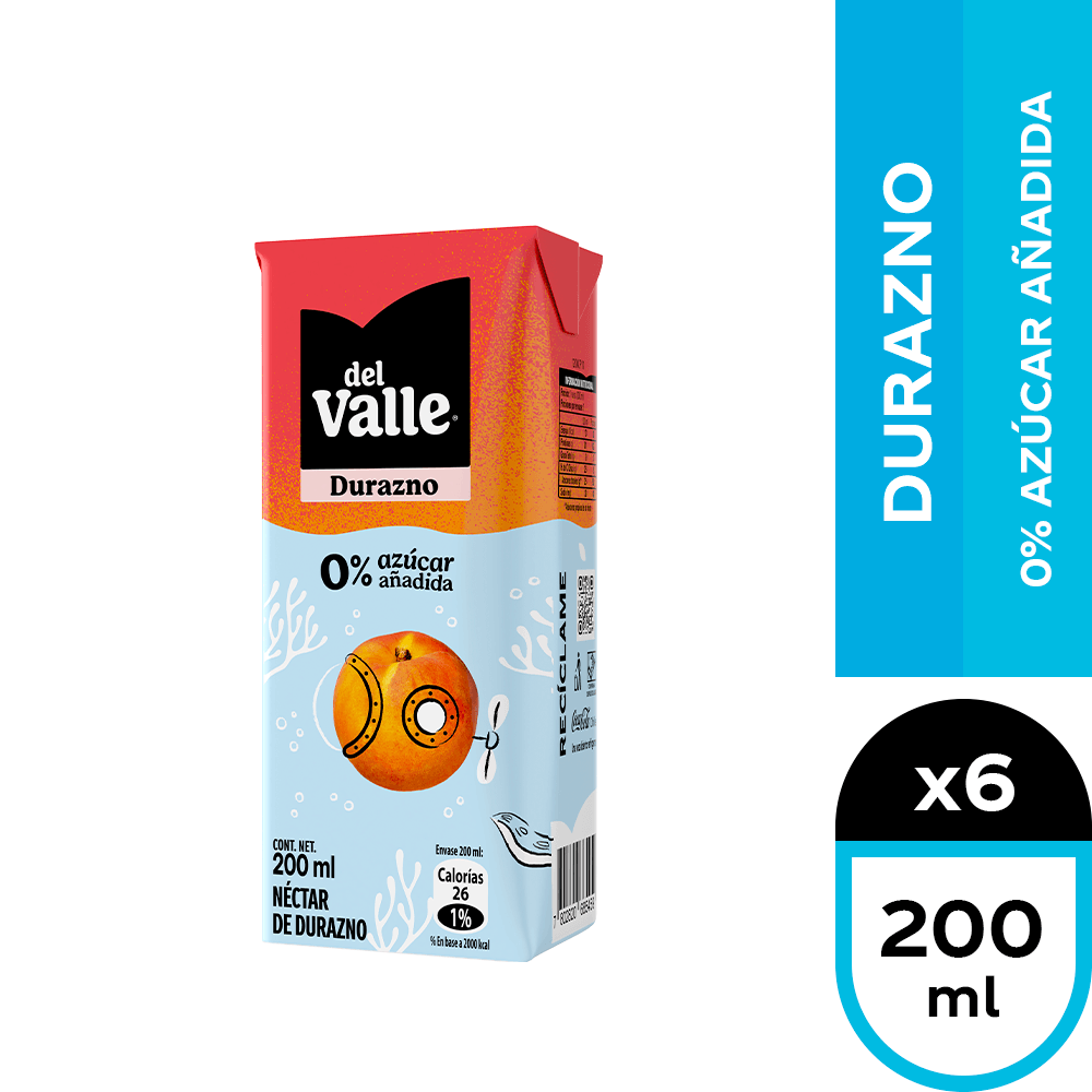 Del Valle Durazno Sin Azúcar Añadida 6 x 200 ml.